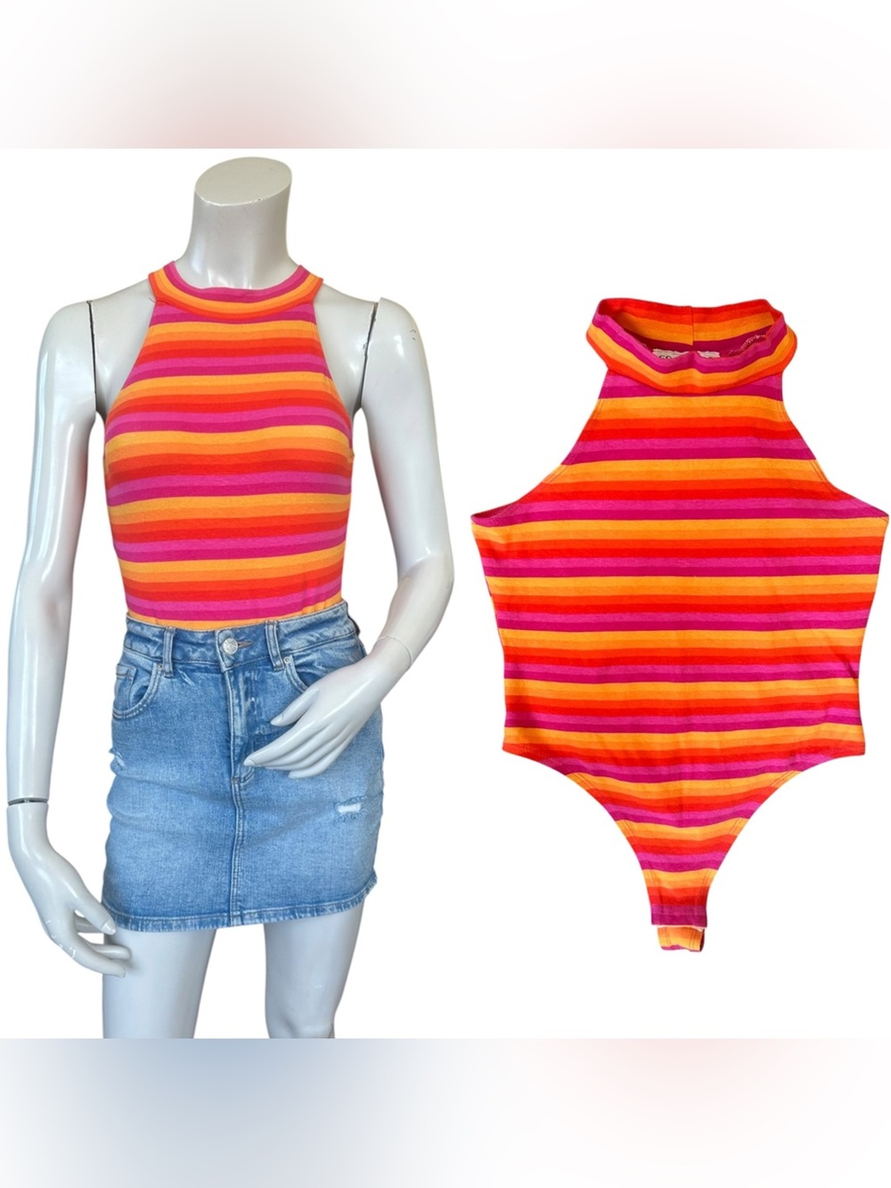 Vintage 90s Y2K Summer Yellow Orange Red Striped Sleeveless Bodysuit Medium
